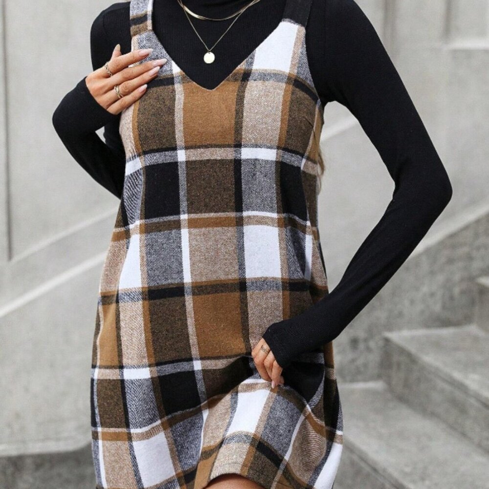 Plaid V-Neck Wide Strap Dress